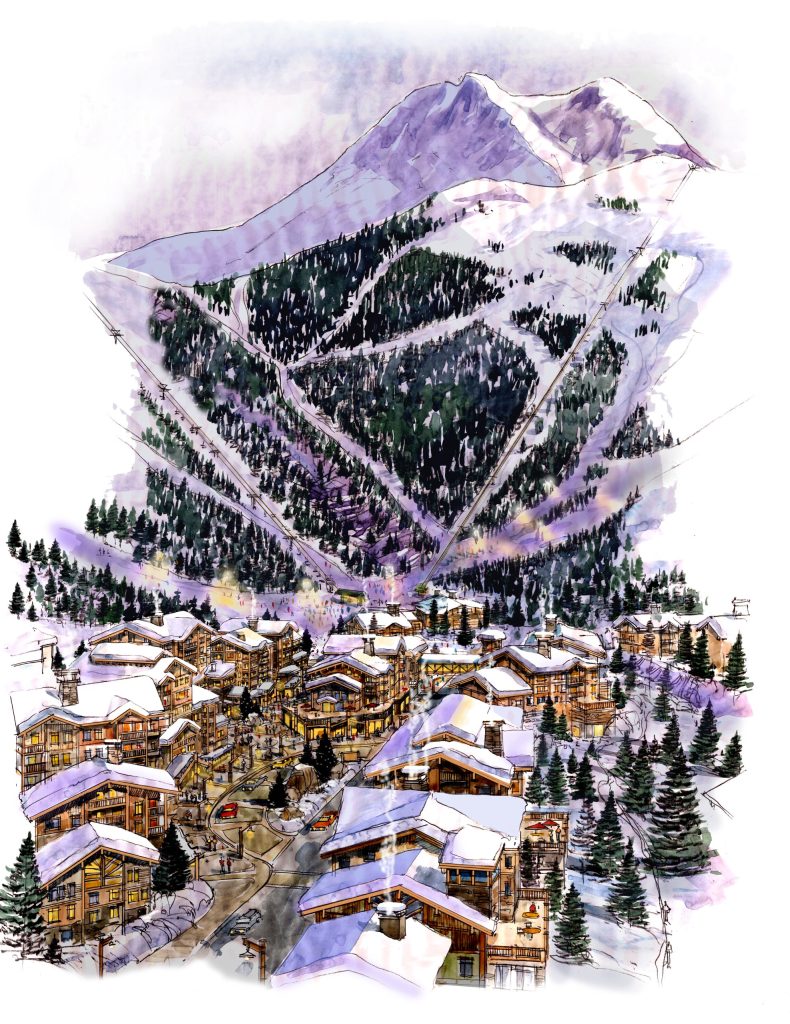 Master plan for Garibaldi Resort outside of Squamish, British Columbia, architectural design by Street rendering of Garibaldi Resort outside of Squamish, British Columbia, architectural design by Elliott Workgroup