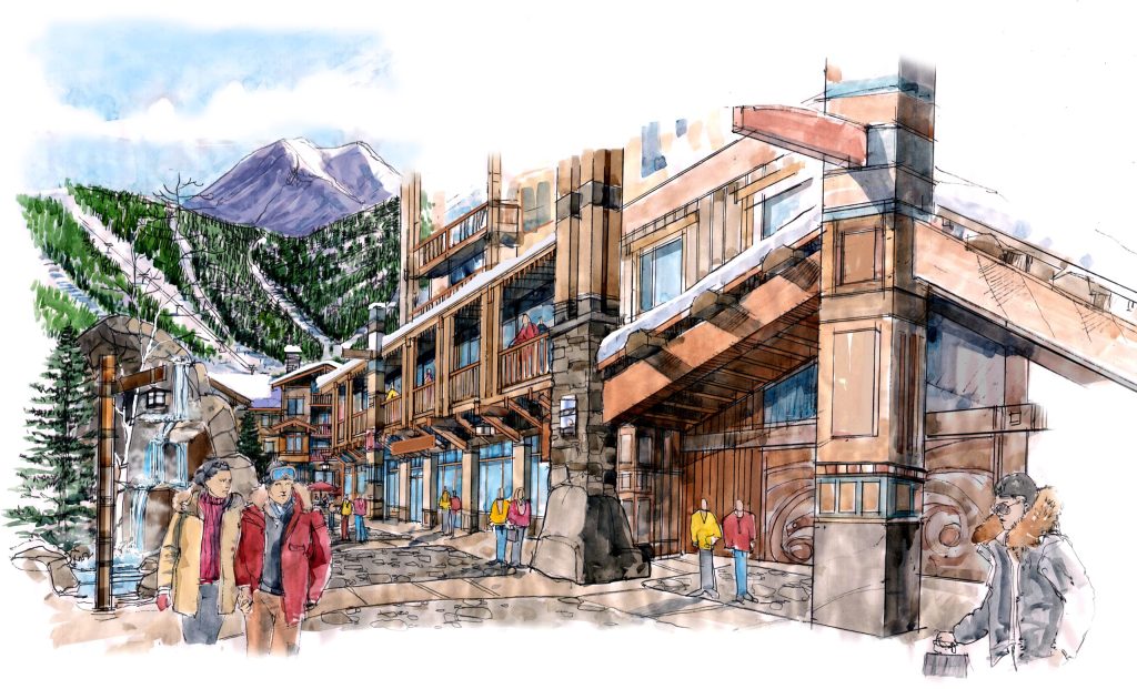 Street rendering of Garibaldi Resort outside of Squamish, British Columbia, architectural design by Elliott Workgroup