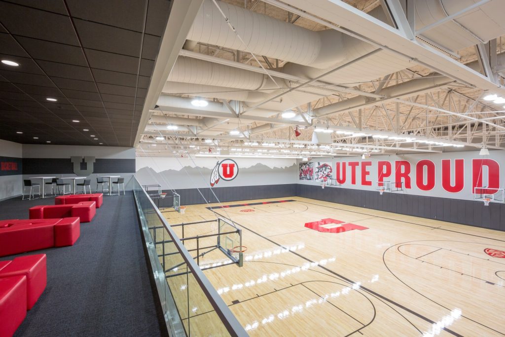Practice court inside the University of Utah Basketball Interior, interior design by Elliott Workgroup