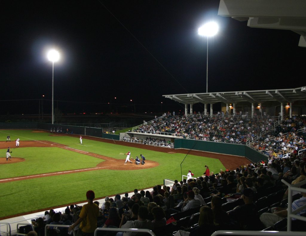 Night game at UCCU Ballpark, architectural design by Elliott Workgroup