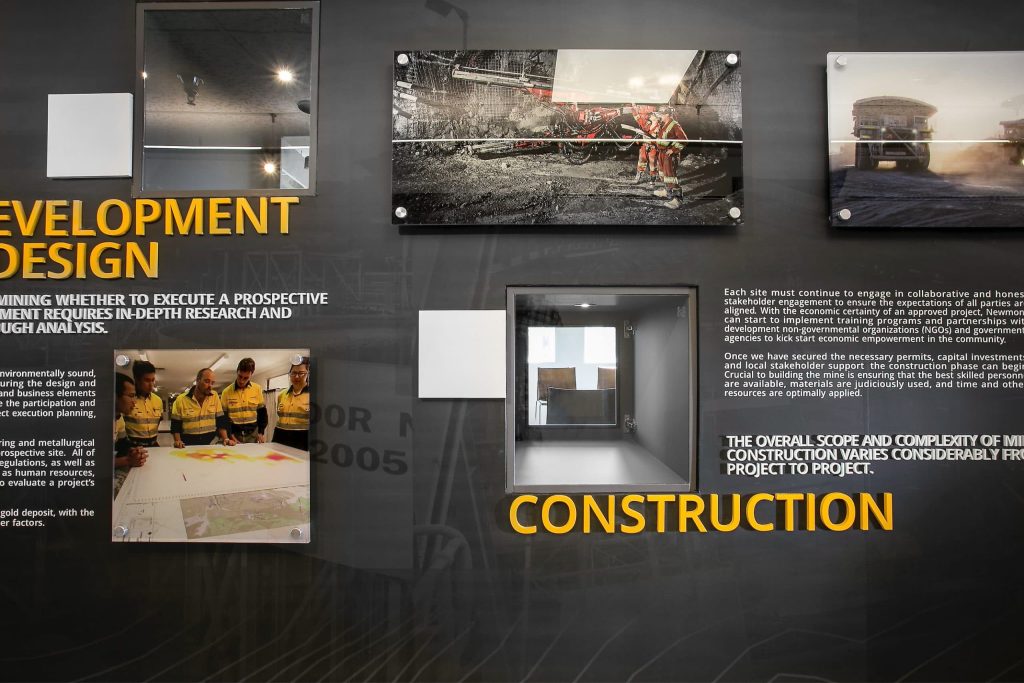 Informational design in the University of Utah Newmont Safety Classroom, architectural design by Elliott Workgroup