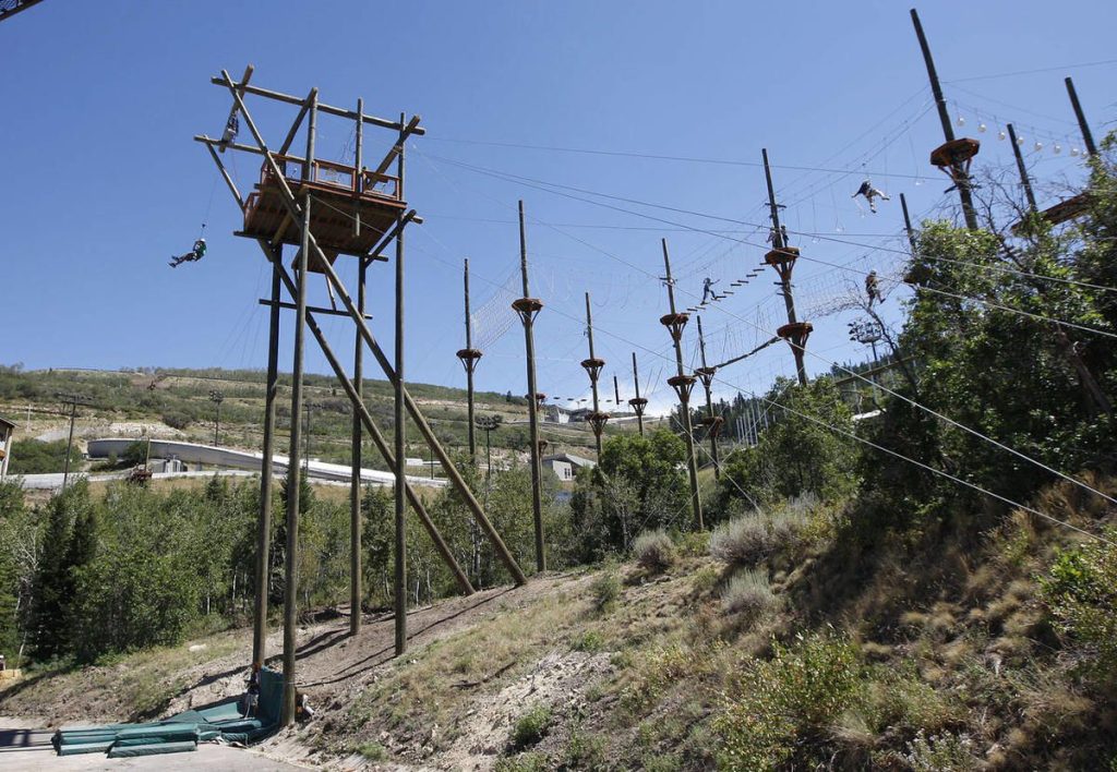 Ropes course and drop tower on Utah Olympic Park Adventure Course, architectural design by Elliott Workgroup