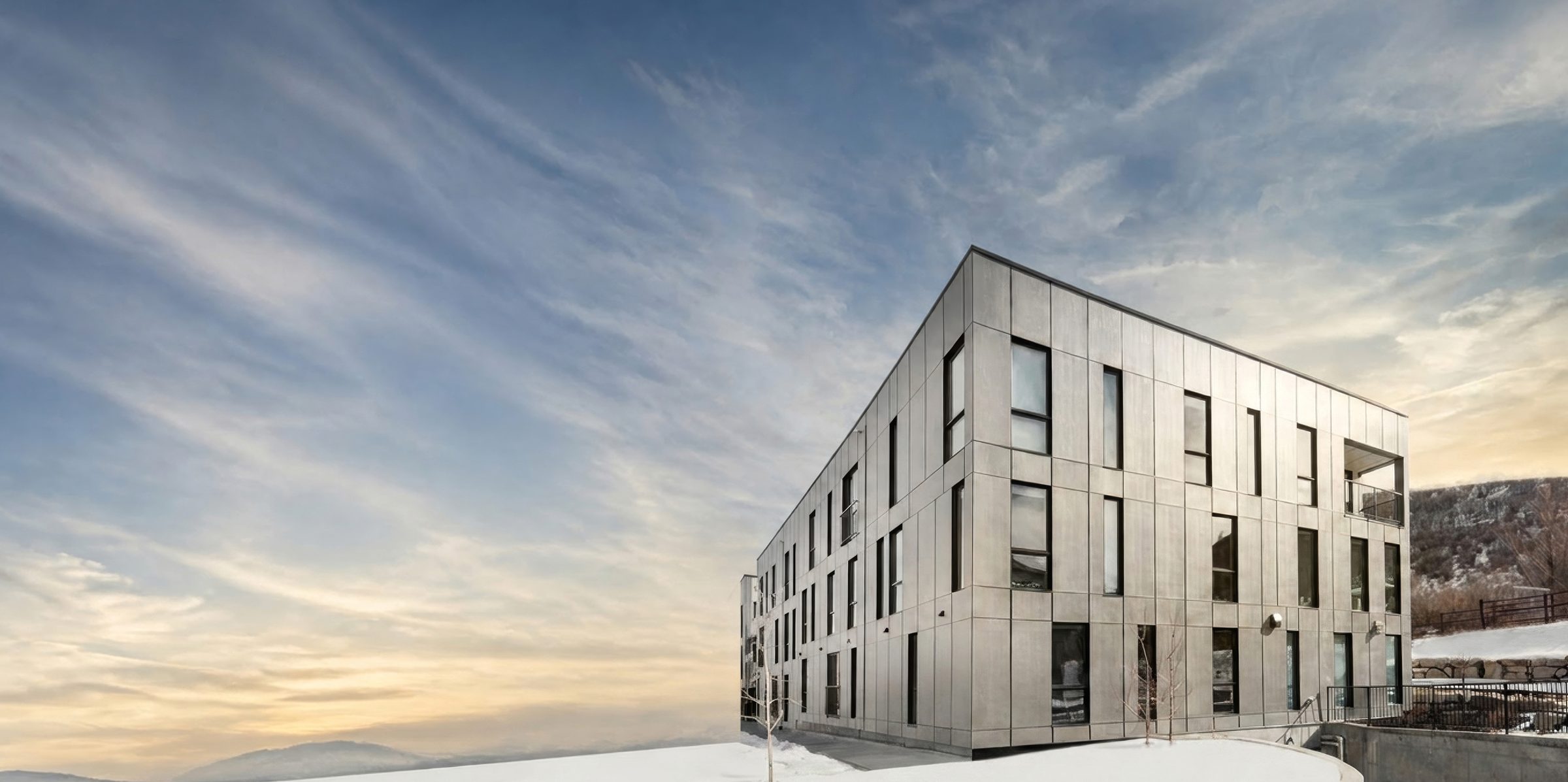 Modern panel-clad building against a winter sky