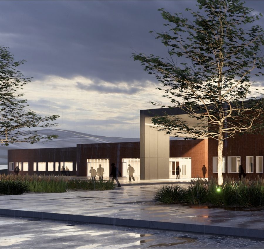 Dark-clad building at dusk