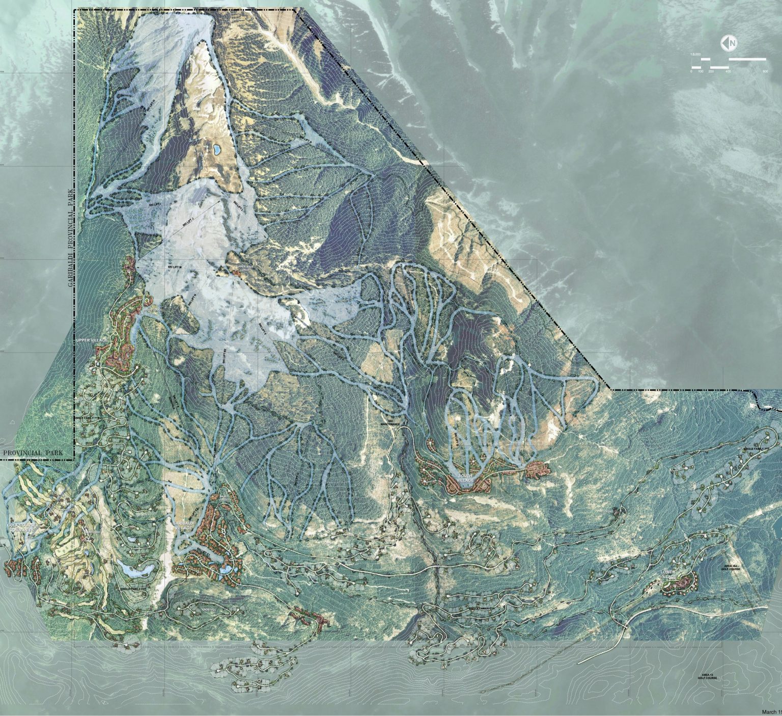 Aerial master plan of Garibaldi Resort outside of Squamish, British Columbia, architectural design by Street rendering of Garibaldi Resort outside of Squamish, British Columbia, architectural design by Elliott Workgroup