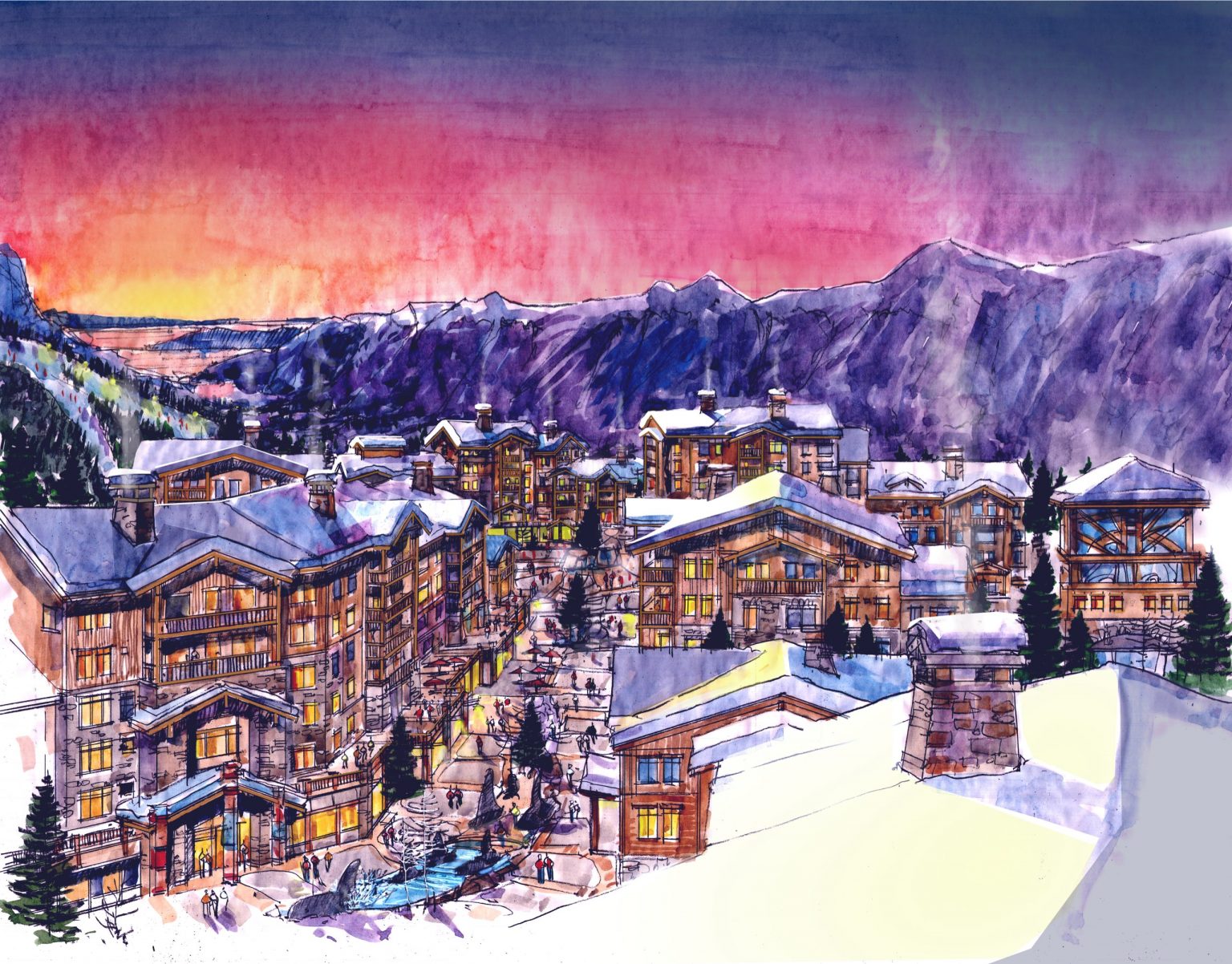 Upper Village master plan for Garibaldi Resort outside of Squamish, British Columbia, architectural design by Street rendering of Garibaldi Resort outside of Squamish, British Columbia, architectural design by Elliott Workgroup